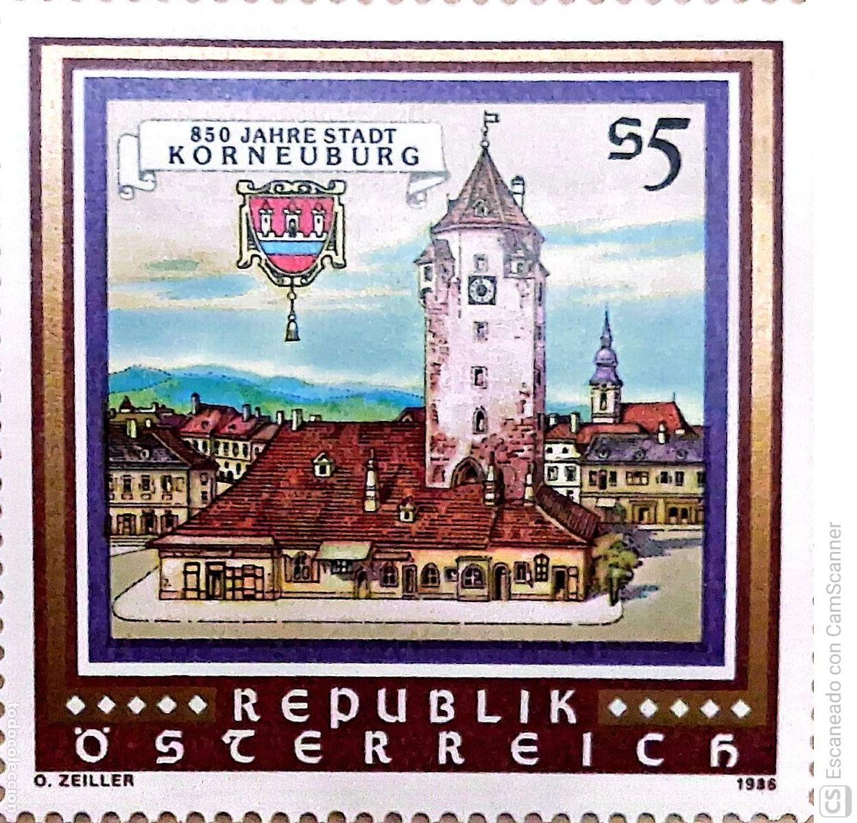 Sellos: Austria. 1669 Ciudad de Korneuburg: Vista de la ciudad y escudo. 1986. Sellos nuevos y numeraci&oacute;n Yv