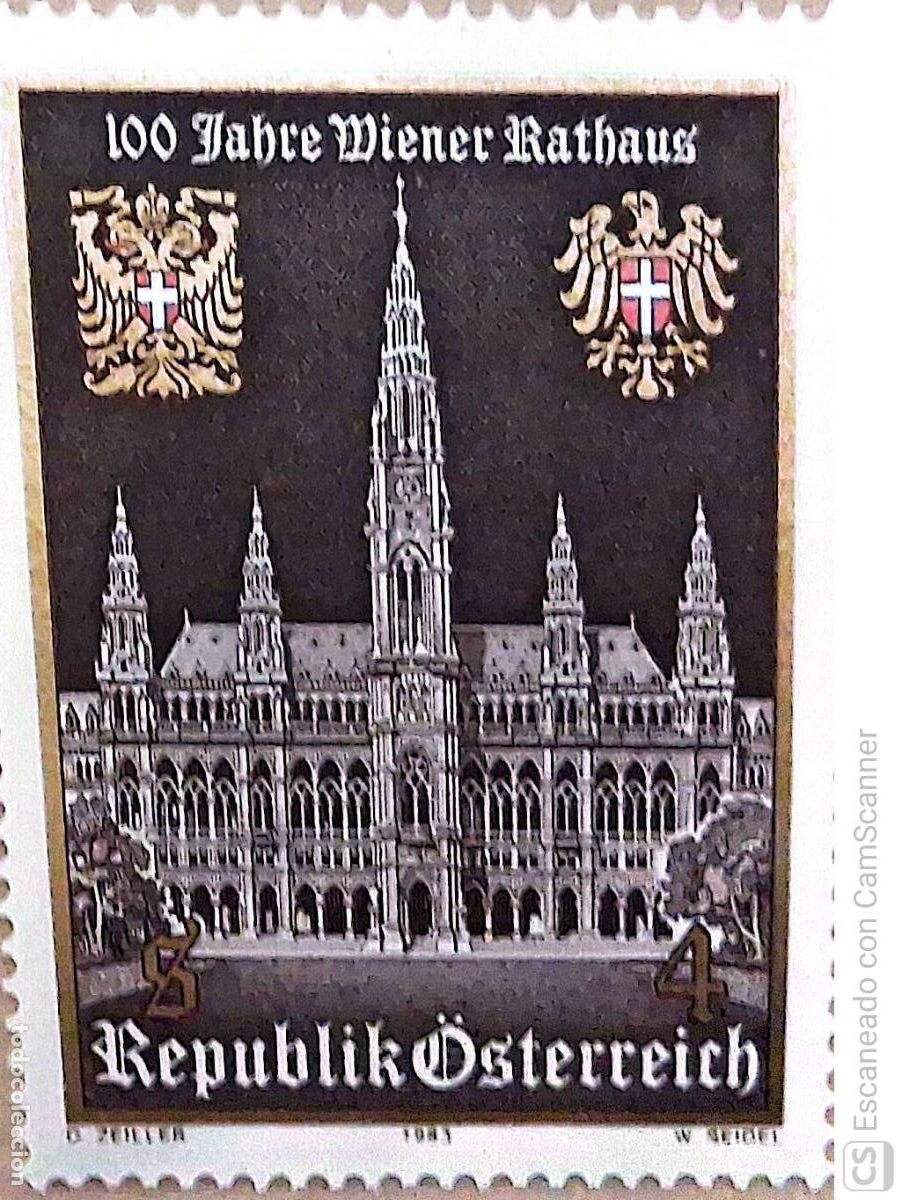 Sellos: Austria. 1581 Centenario del Ayuntamiento de Viena: Fachada y escudo. 1983. Sellos nuevos y numeraci