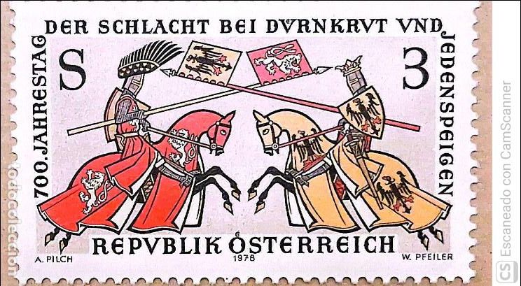 Sellos: Austria. 1409 Batalla de Durnkrut: Caballeros en acci&oacute;n. 1978. Sellos nuevos y numeraci&oacute;n Yvert