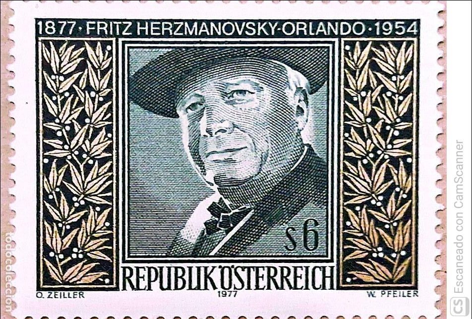Sellos: Austria. 1376 Centenario Fritz Herzmanovsky-Orlando. 1977. Sellos nuevos y numeraci&oacute;n Yvert.