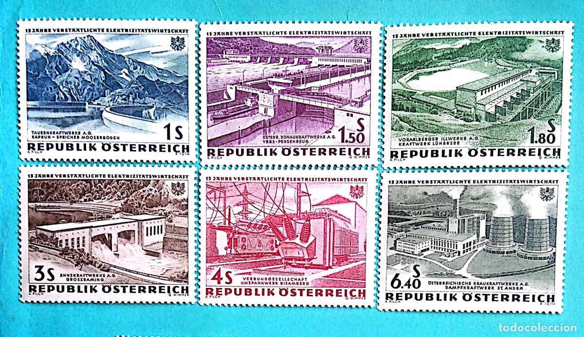 Sellos: Austria. 942/47 Aniversario nacionalizaci&oacute;n de la electricidad: Centrales el&eacute;ctricas. 1962. Sellos n