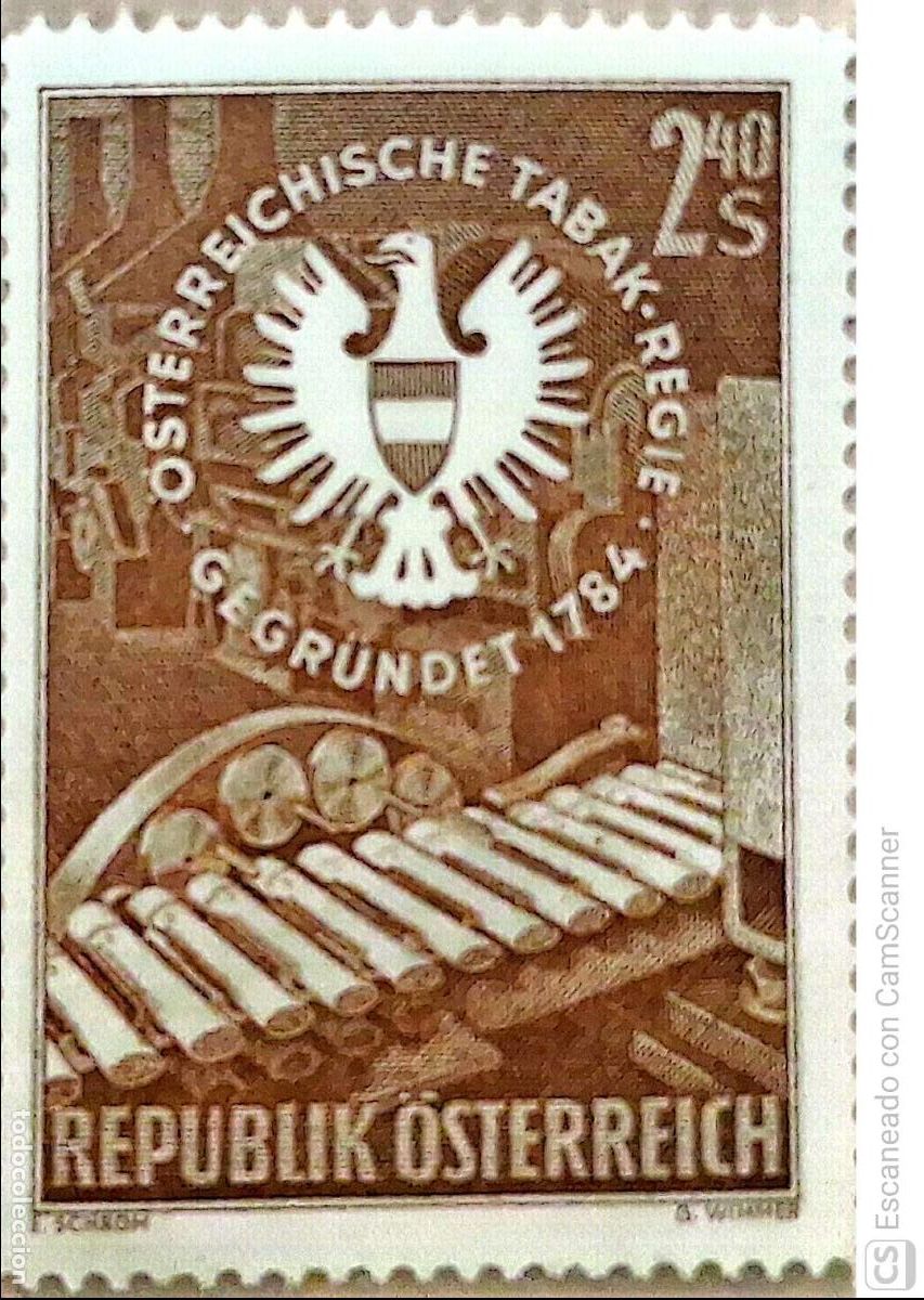 Sellos: Austria. 902 Aniversario del monopolio de los tabacos. 1959. Sellos nuevos y numeraci&oacute;n Yvert.
