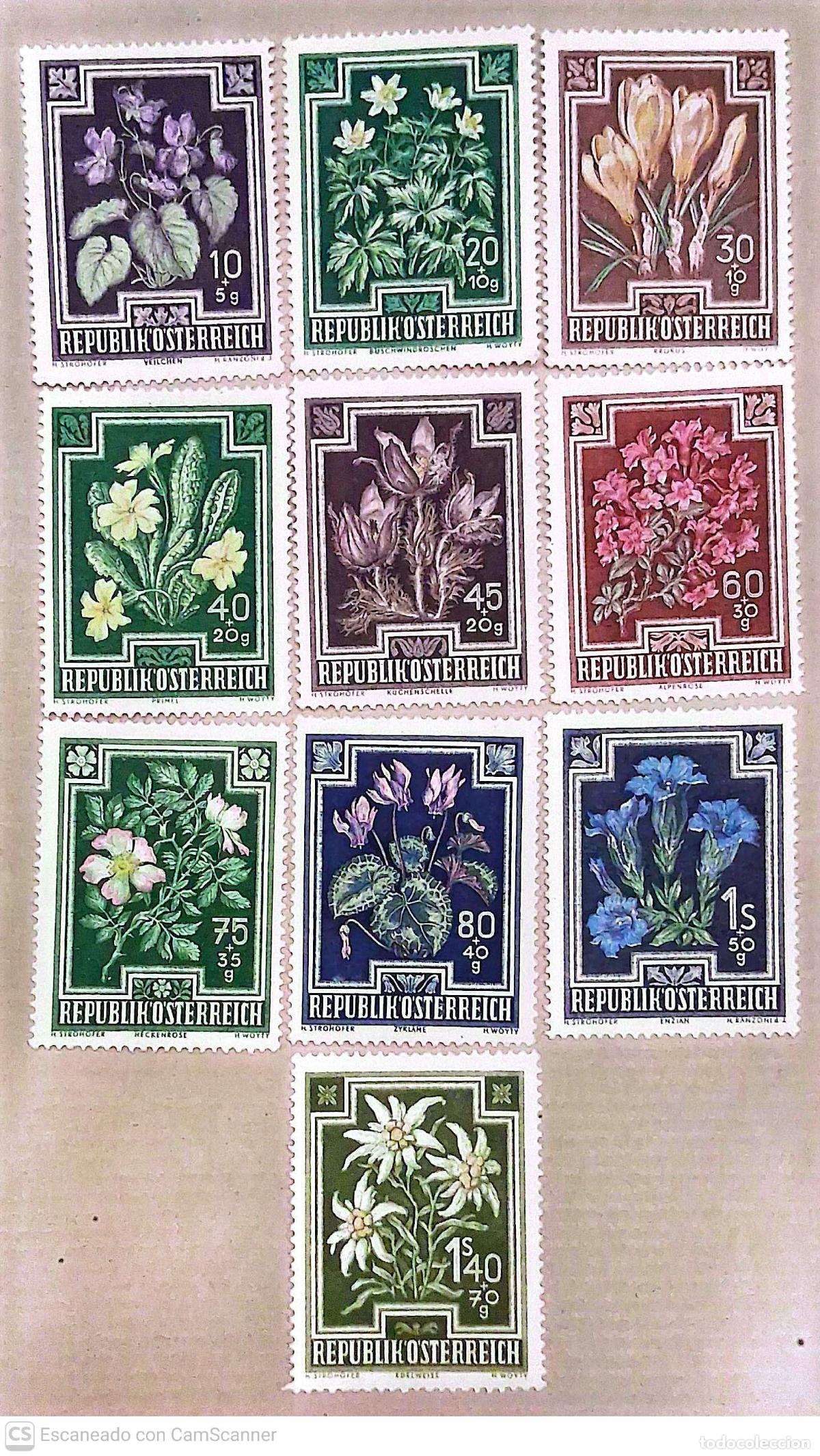 Sellos: Austria. 722/31 Flores diversas con sobrecarga a favor de las obras antituberculosas. 1948. Sellos