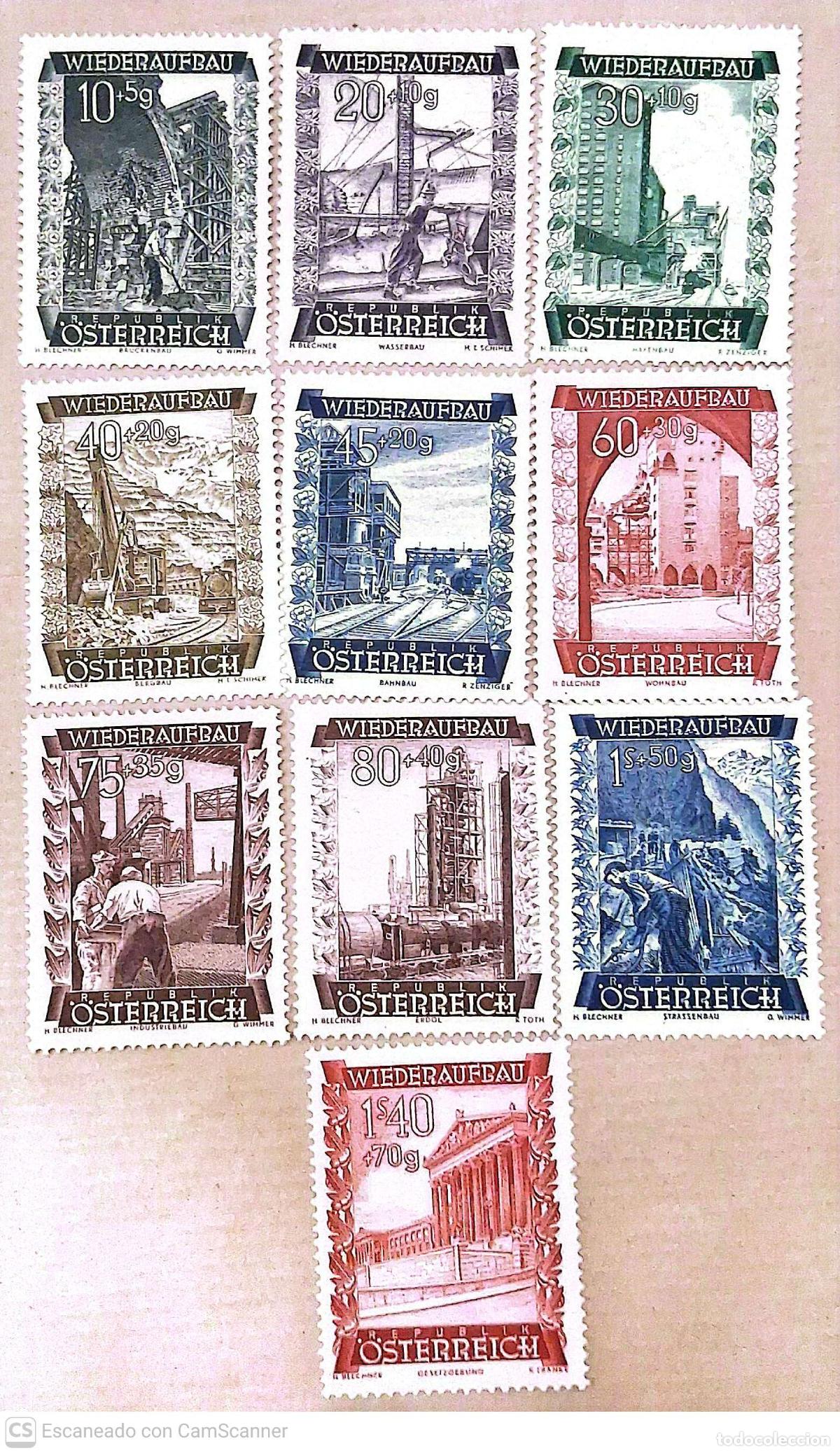 Sellos: austria. 712/21 Emitido en beneficio de la reconstrucci&oacute;n. 1948. Sellos nuevos y numeraci&oacute;n Yvert