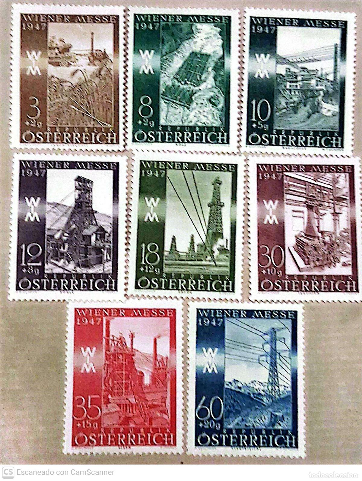 Sellos: Austria. 666/73 Feria de Viena: Cosechas, cementeras, mina de carb&oacute;n, acerer&iacute;a...1947. Sellos nuevo
