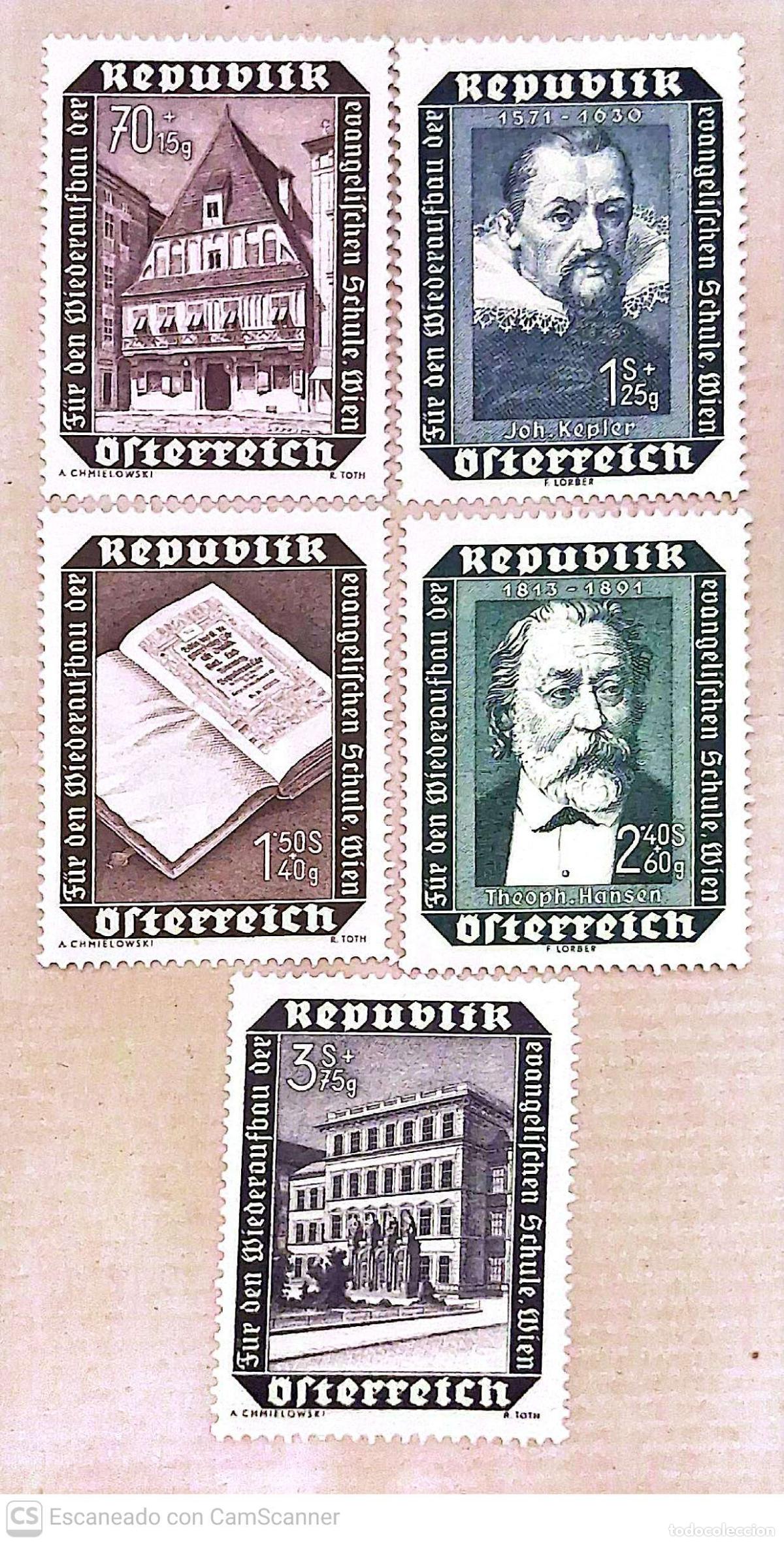 Sellos: Austria. 822/26 Reconstrucci&oacute;n de la escuela evang&eacute;lica de Viena. 1953. Sellos nuevos y numeraci&oacute;n Y