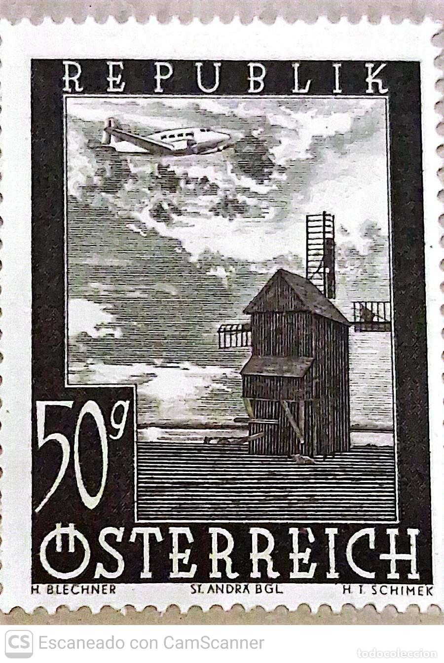 Sellos: Austria. A 47 Vistas: Molino de viento sobre el lago de Neusield. 1947. Sellos nuevos y numeraci&oacute;n Y