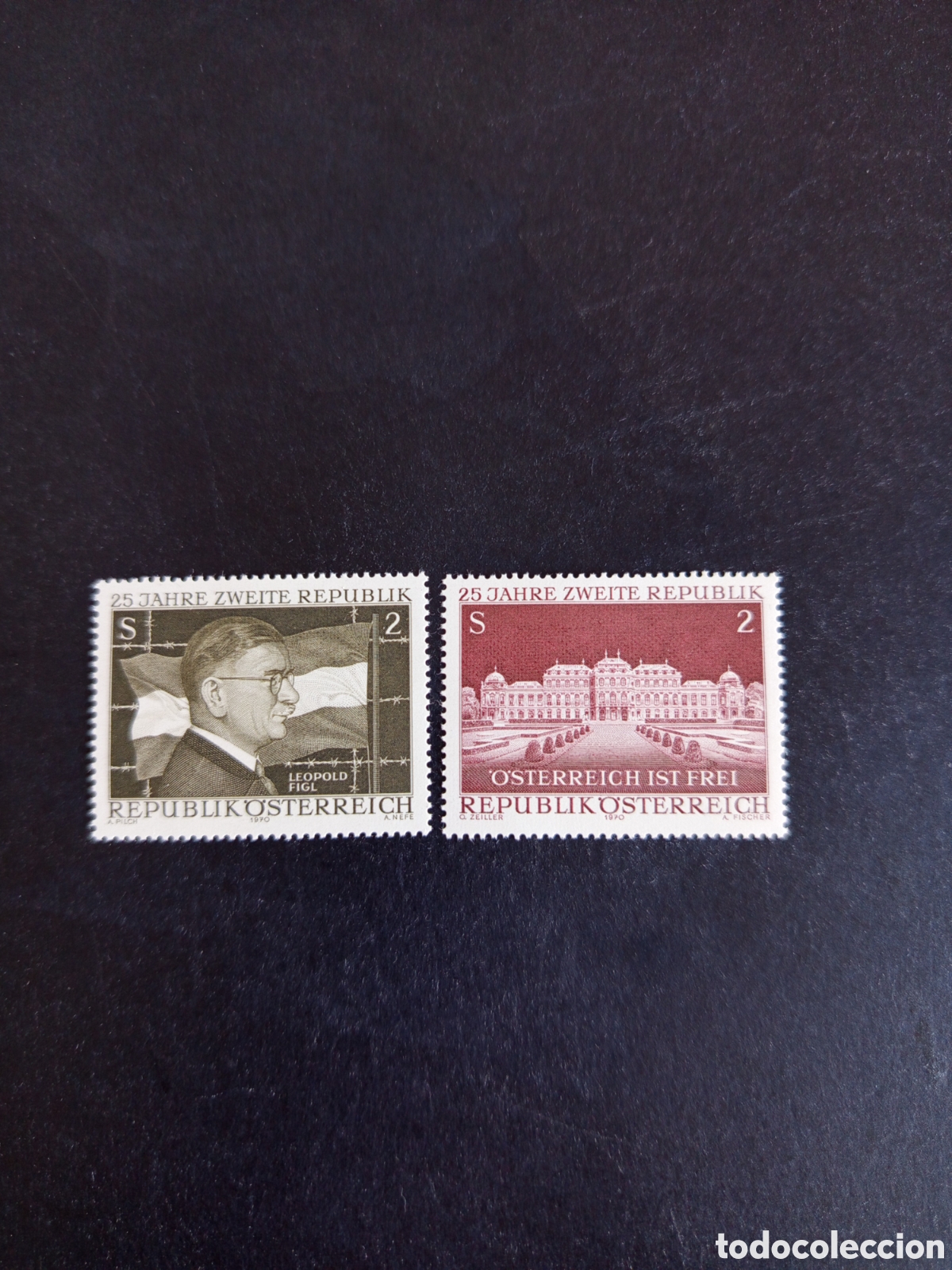 Sellos: AUSTRIA, 1970. Constituci&oacute;n II Rep&uacute;blica . L. Figi. Bandera. Castillo Belvedere. Yvert 1152/3.