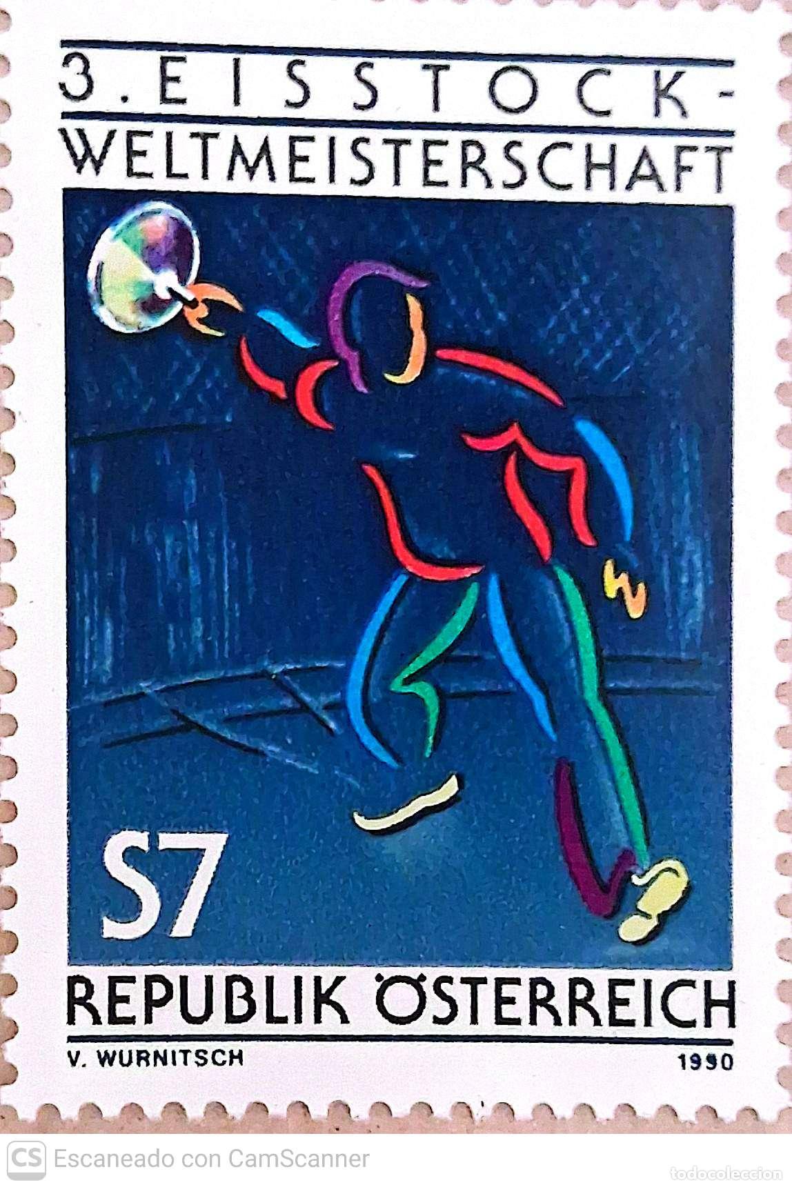 Sellos: Austria. 1839 Campeonato mundial de Ice stock sport: Jugador en acci&oacute;n. 1990. Sellos nuevos y numera