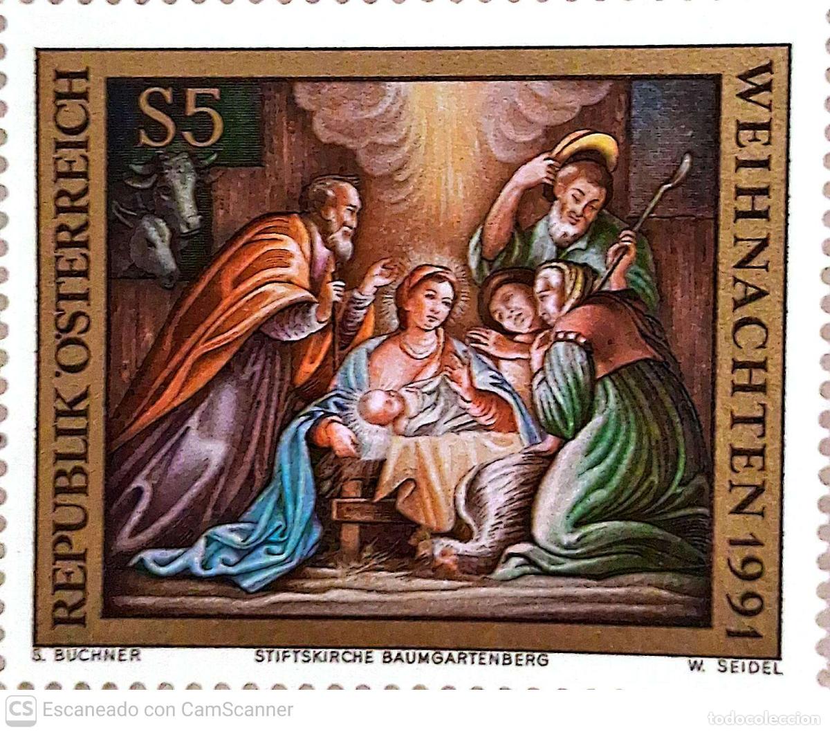 Sellos: Austria. 1876 Navidad: Frescos del Nacimiento de Cristo. 1991. Sellos nuevos y numeraci&oacute;n Yvert.