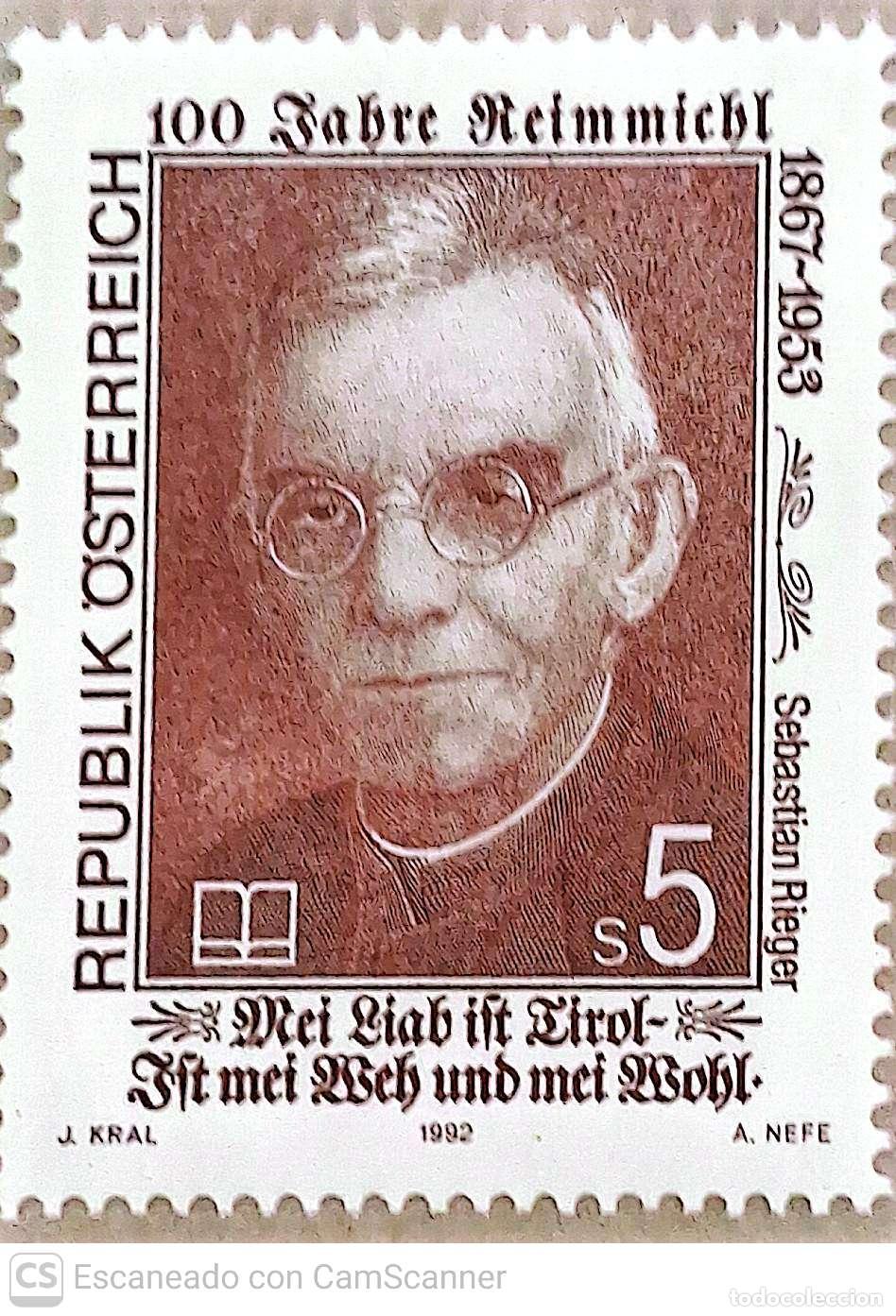Sellos: Austria. 1897 Sacerdote y escritor S&egrave;bastien Rieger. 1992. Sellos nuevos y numeraci&oacute;n Yvert