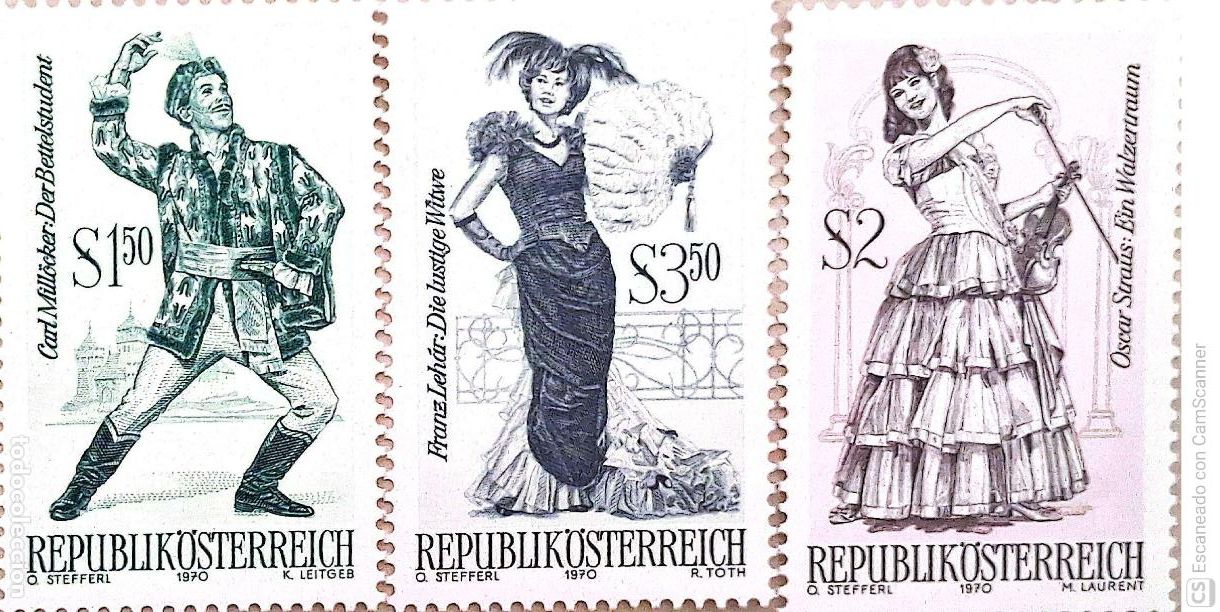 Sellos: Austria. 1160/62 &Oacute;pera c&eacute;lebres: La Princesa estudiante, Sue&ntilde;o de Vals y La viuda feliz. 1970. Sello