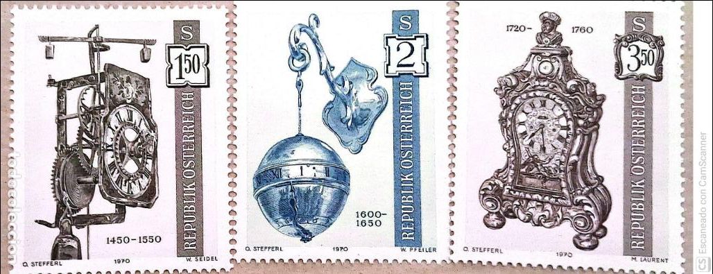 Sellos: Austria. 1157/59 Relojes antiguos. 1970. Sellos nuevos y numeraci&oacute;n Yvert