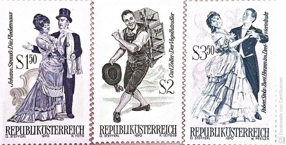 Sellos: Austria. 1167/69 &Oacute;peras c&eacute;lebres: El murci&eacute;lago, El cazador de p&aacute;jaros y Dos corazones en una medida