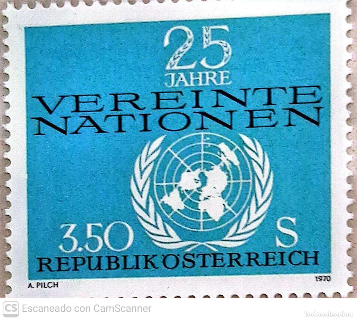 Sellos: Austria). 1176 Aniversario ONU. 1970. Sellos nuevos y numeraci&oacute;n Yvert.