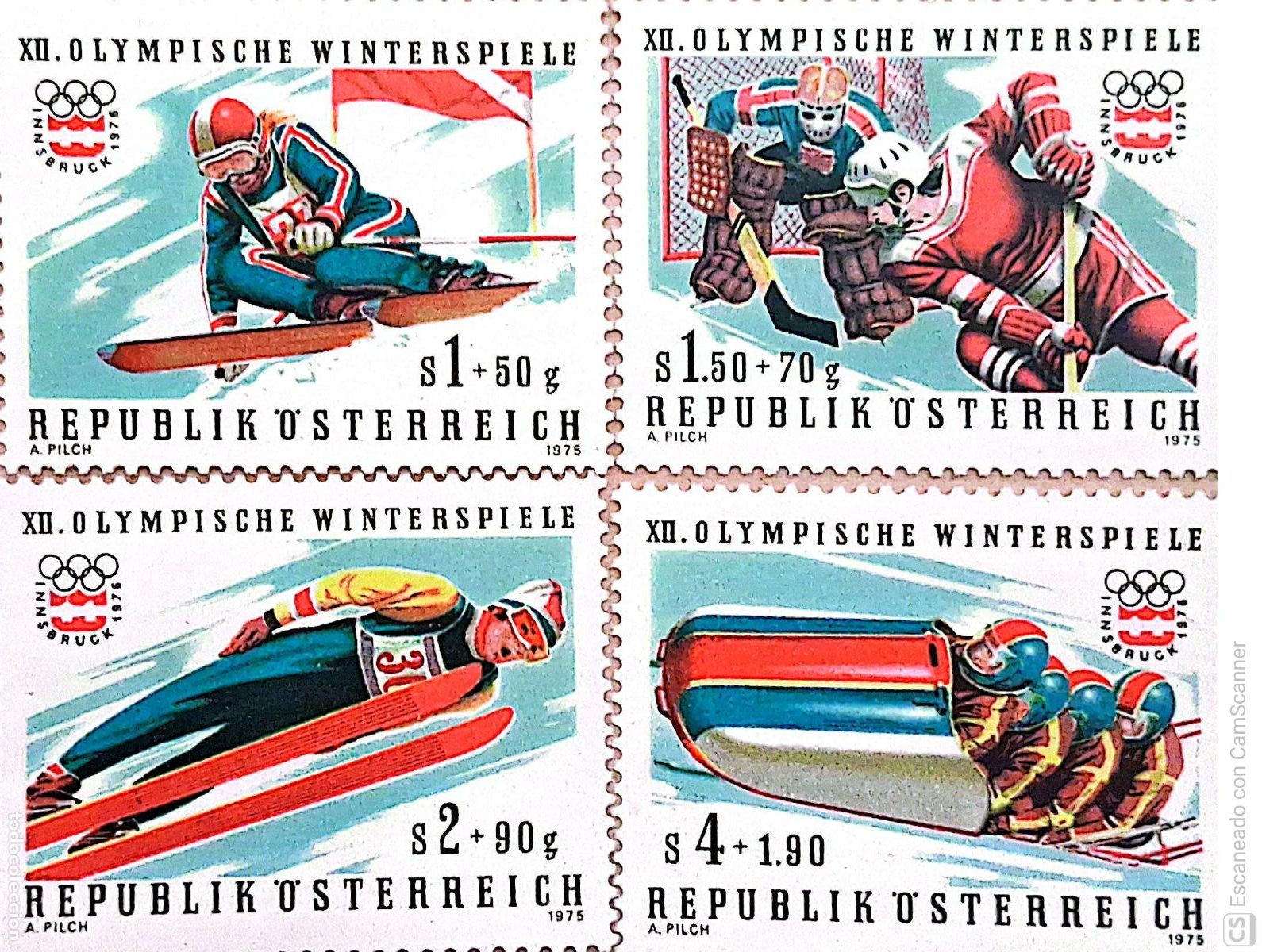 Sellos: Austria. 1328/31 JJ. OO. Innsbruck (II): Patinaje, sky, trineo y biathlon. 1975. Sellos nuevos y num