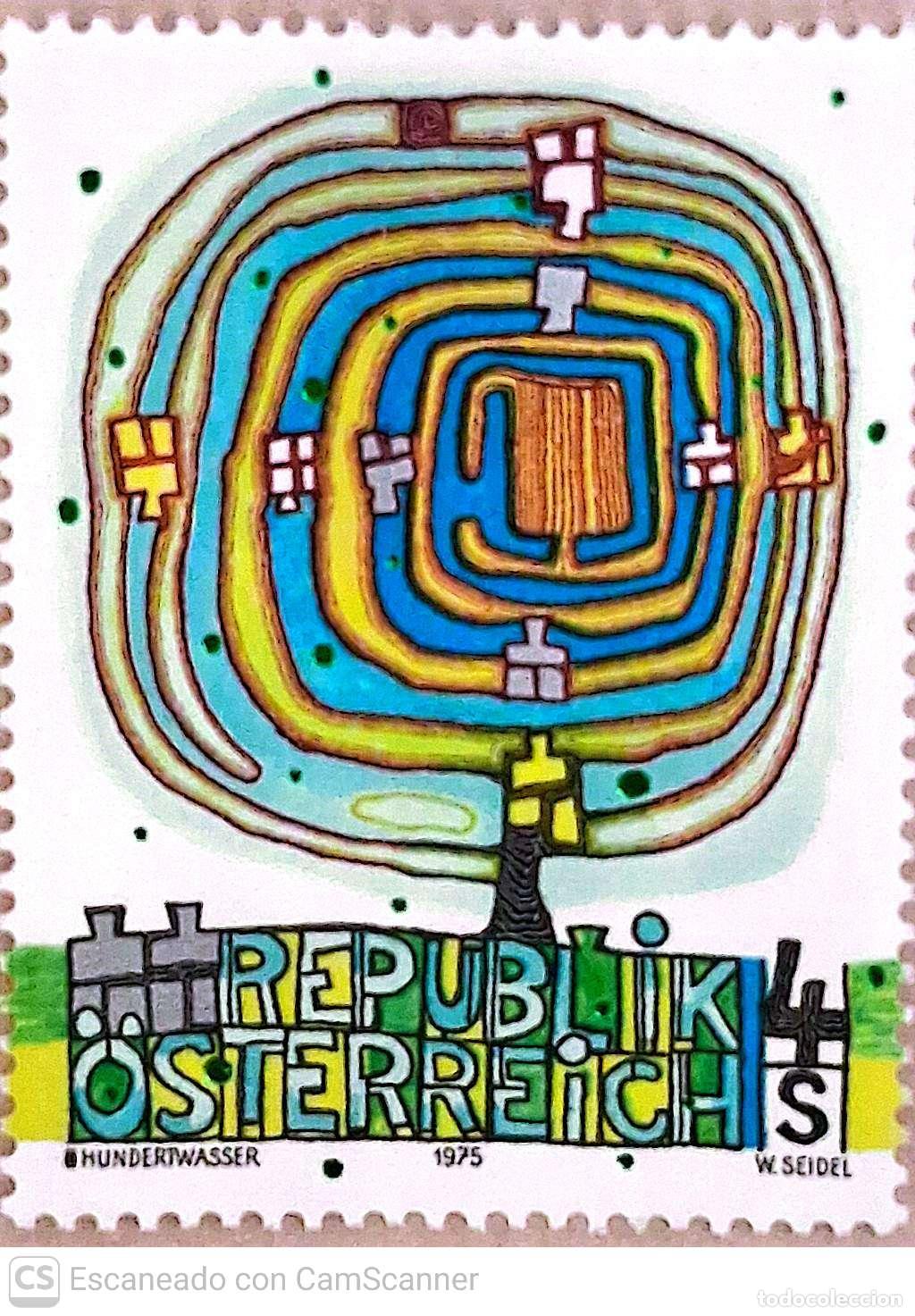 Sellos: Austria. 1334 Arte moderno (I): El &aacute;rbol espiral de Hundertwasser. 1975. Sellos nuevos y numeraci&oacute;n
