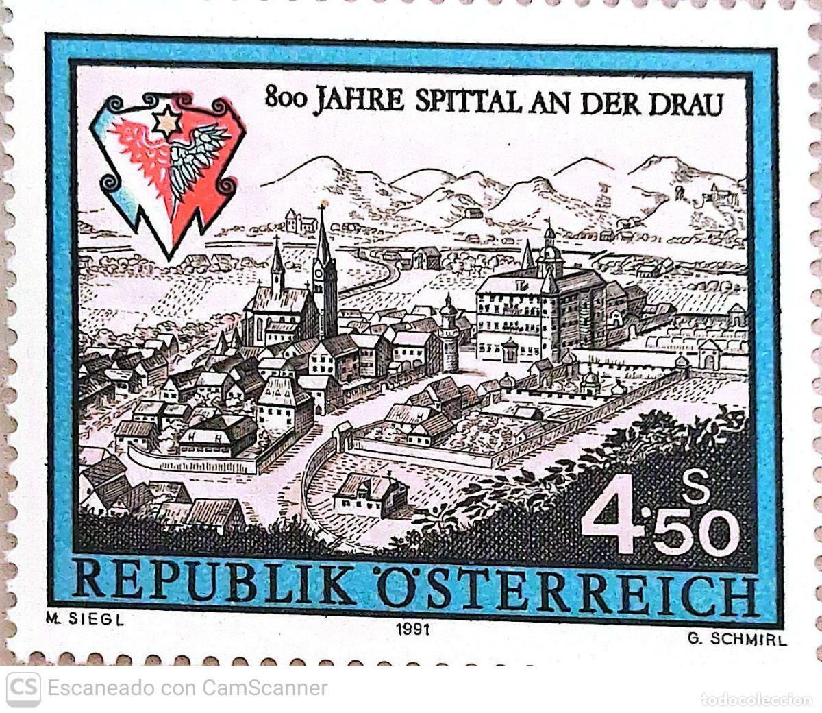 Sellos: Austria. 1853 Aniversario de Spittal sur la Drave: Escudo y vista. 1991. Sellos nuevos y numeraci&oacute;n