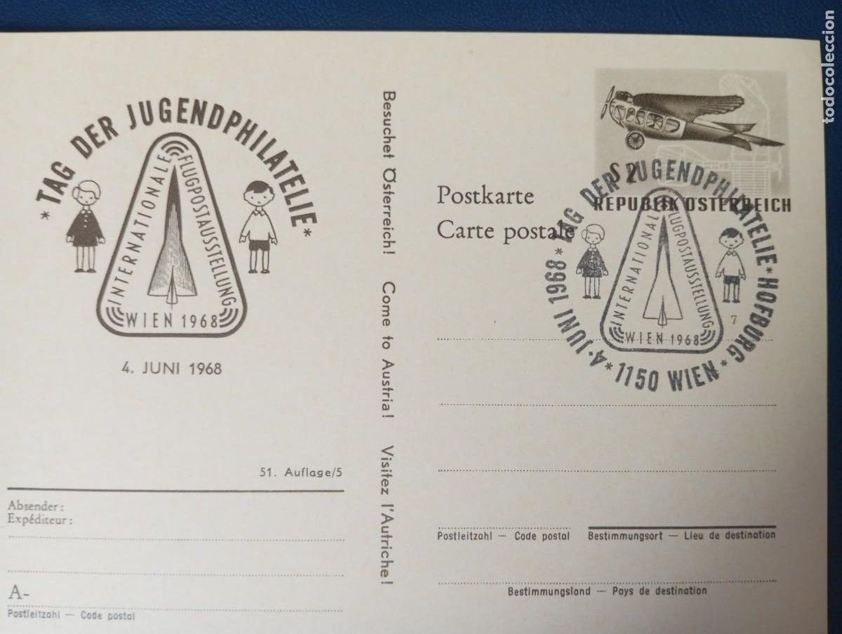 Sellos: AUSTRIA, 1968, ENTERO POSTAL ,DIA DE LA JUVENTUD FILATELICA, AVI&Oacute;N. MAT ESPECIAL