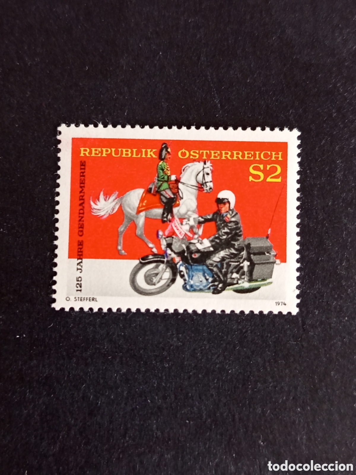 Sellos: AUSTRIA, 1974. 125 Aniversario Gendarmer&iacute;a. Caballos. Motos. Yvert 1284. Pedido m&iacute;nimo 3 &euro;.