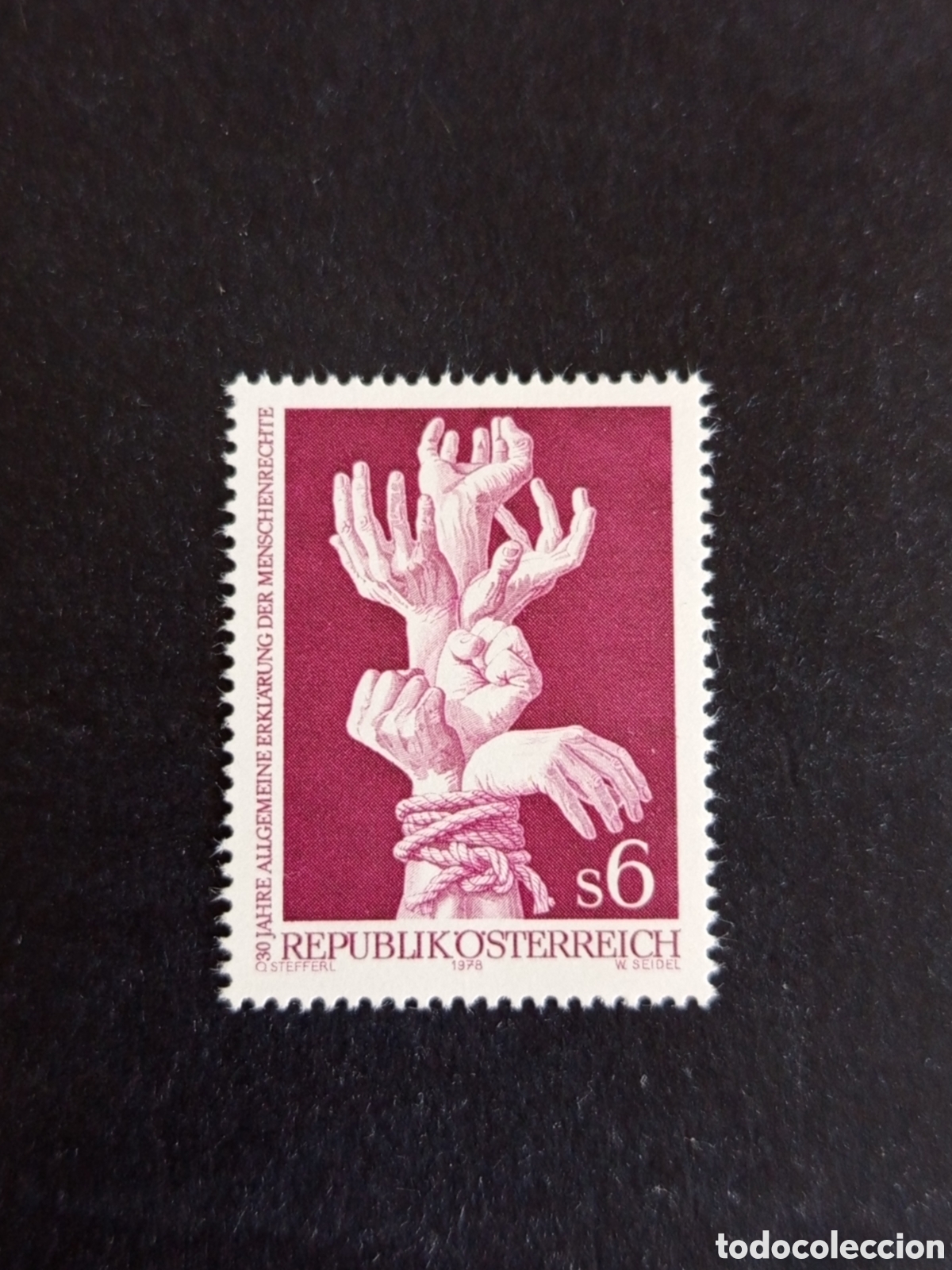 Sellos: AUSTRIA, 1978. Declaraci&oacute;n de los Derechos Humanos. Yvert 1424. Pedido m&iacute;nimo 3 &euro;. Ver fotos.