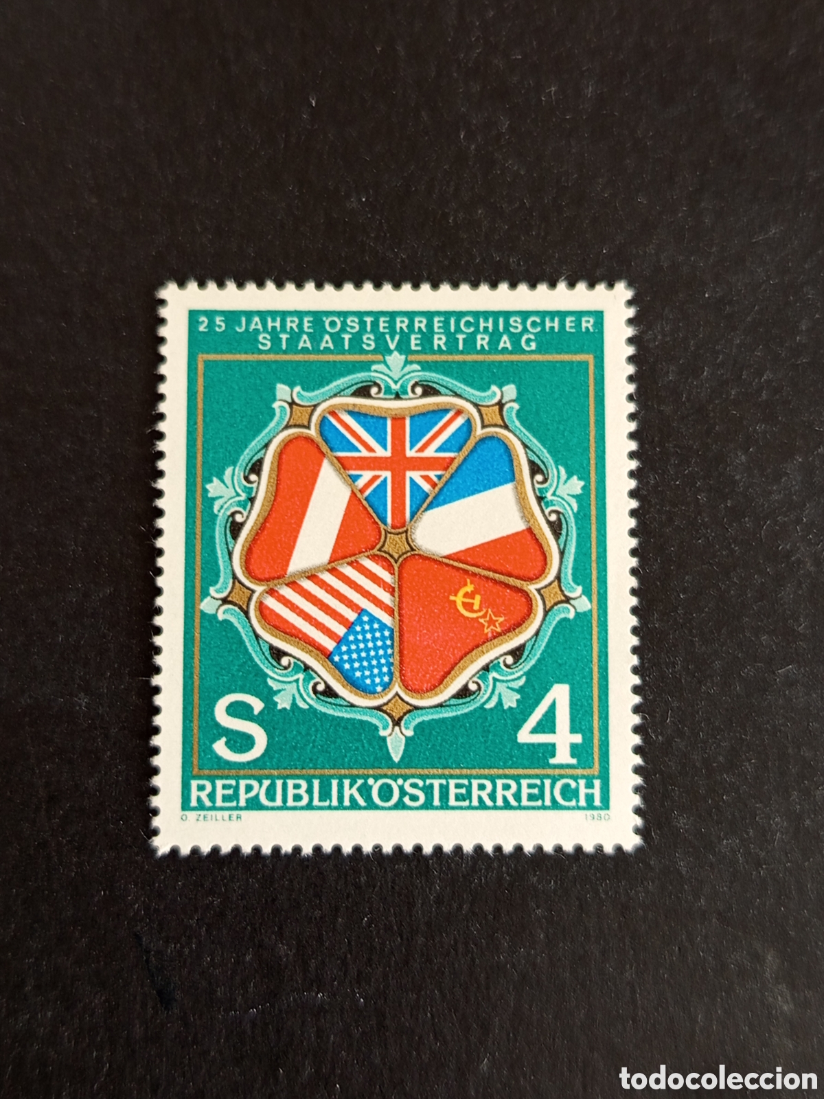 Sellos: AUSTRIA, 1980. 25 a&ntilde;os del Tratado del Estado. Banderas Pa&iacute;ses firmantes.Yvert 1471.Pedido m&iacute;nimo 3&euro;