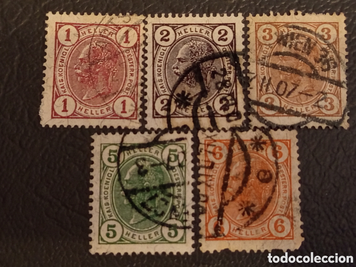 Sellos: Austria 1908 - Lote 5 Sellos Francisco Jos&eacute; I Usados (Michel 139/143)