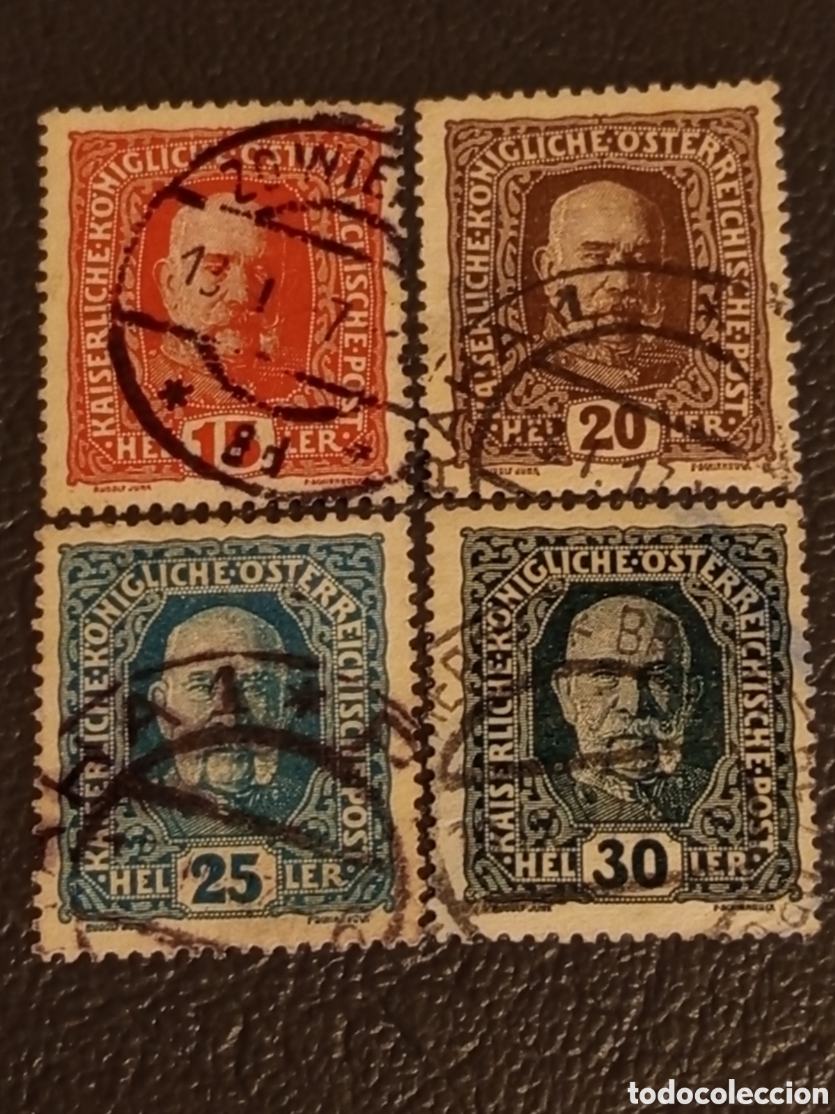 Sellos: Austria 1916. Bloque 4 Valores Heller (Franz Joseph). Usados. Michel 216-219