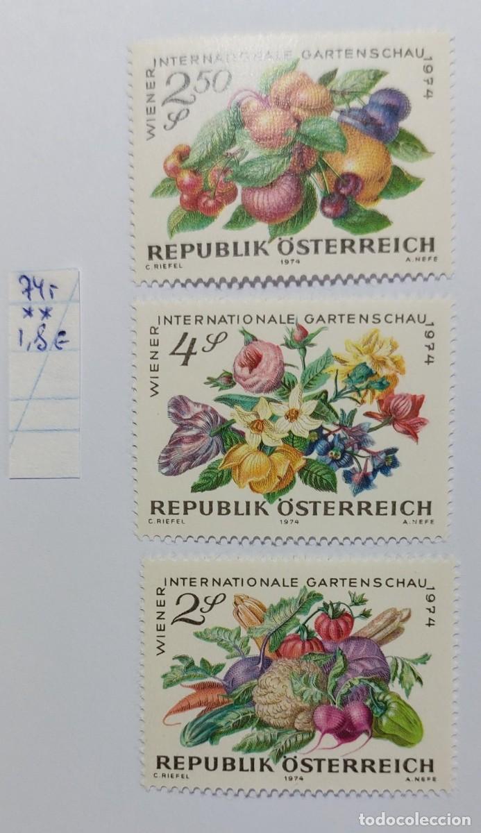 Sellos: AUSTRIA 1974 Exposici&oacute;n Internacional de Horticultura verduras, frutas y flores ** MNH