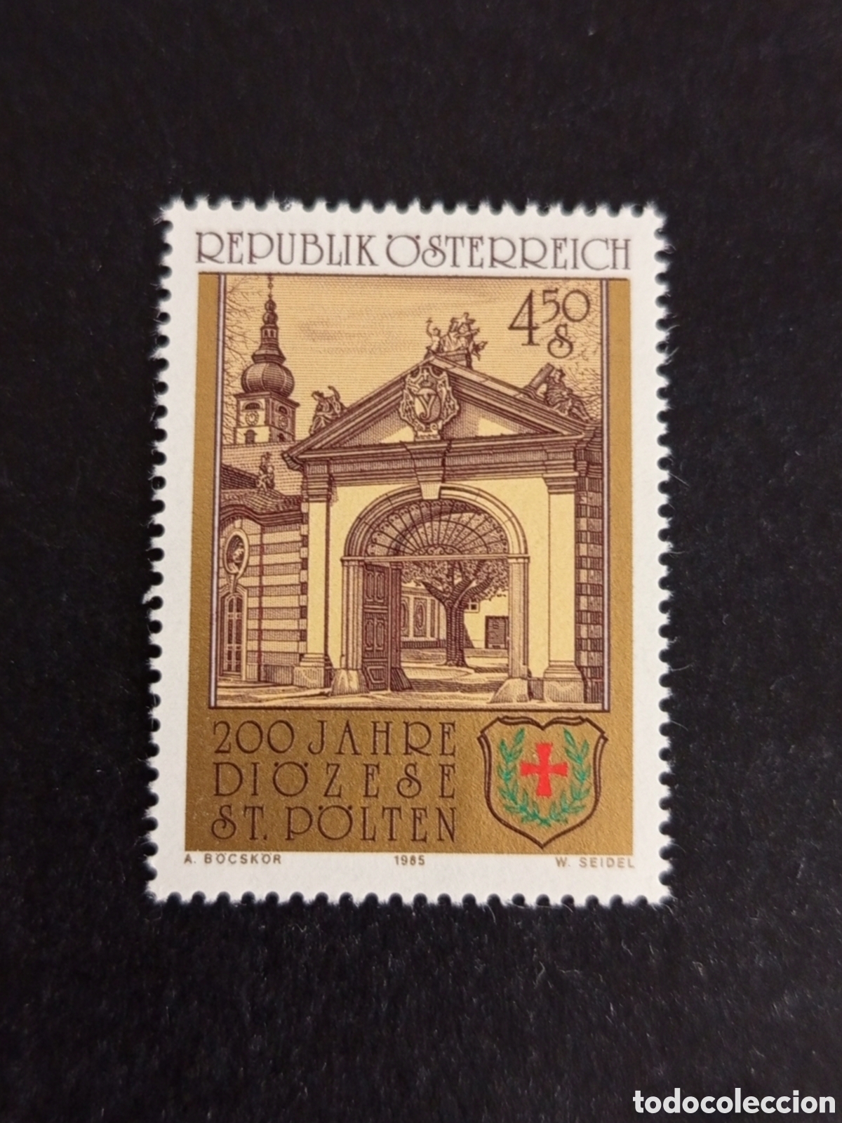 Sellos: AUSTRIA, 1985. Bicentenario Di&oacute;cesis de San Polten. Palacio episcopal . Escudo. Yvert 1643.