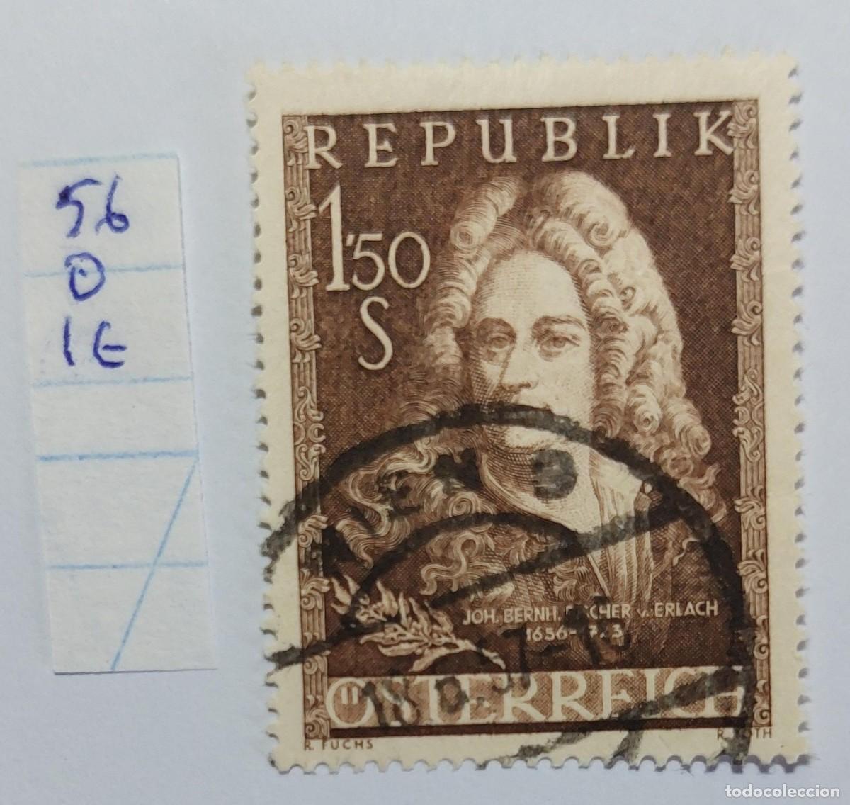 Sellos: AUSTRIA 1956 Retrato del arquitecto barroco austriaco Johann Bernhard Fischer von Erlach (*) USED