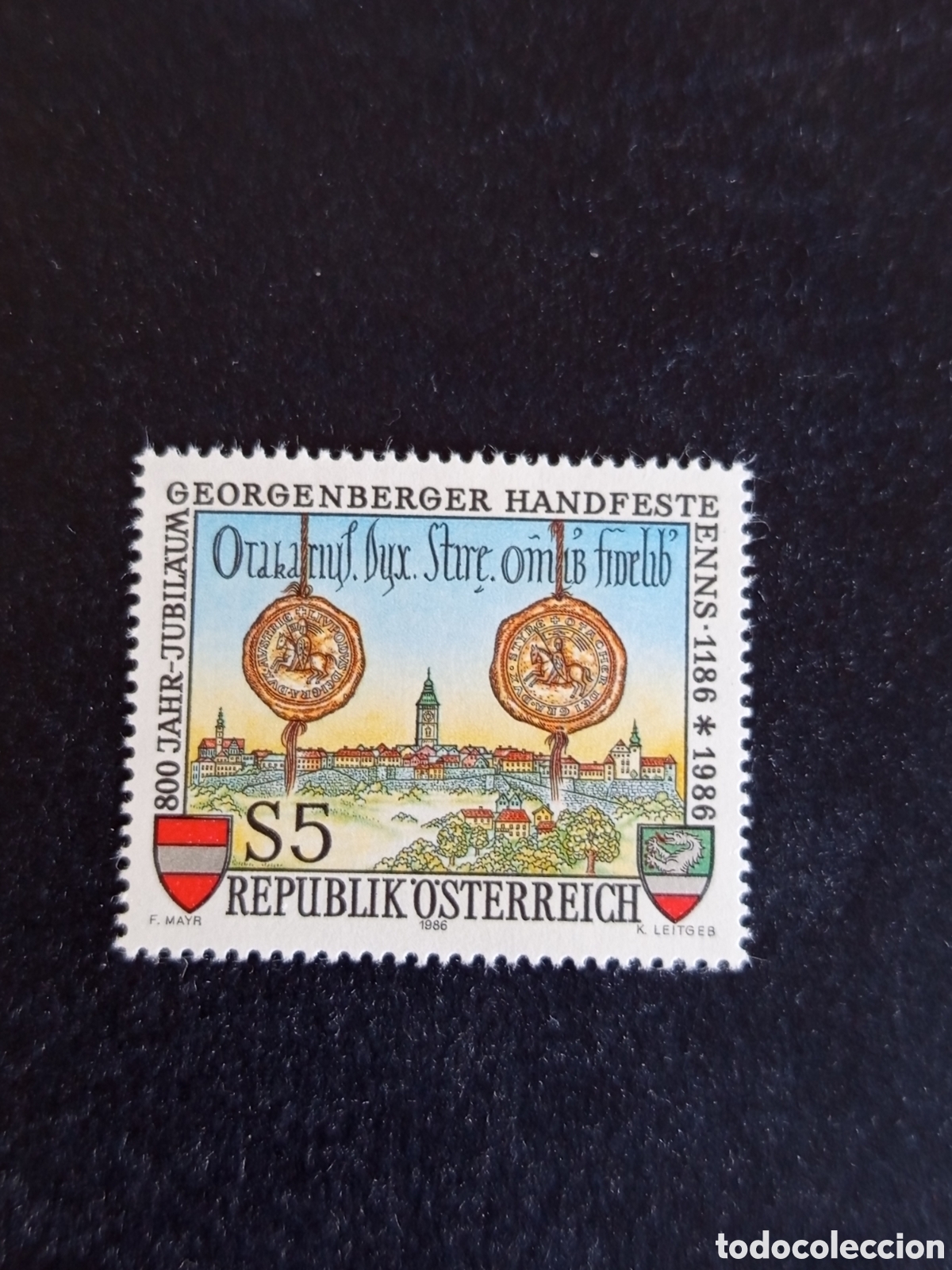 Sellos: AUSTRIA, 1986. Tratado de Georgenberg. Vista ciudad, escudos de armas y sellos. Yvert 1684.