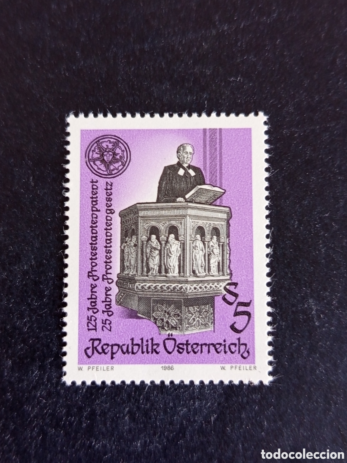 Sellos: AUSTRIA, 1986. Pastor Iglesia Protestante. P&uacute;lpito. Yvert 1693. Pedido m&iacute;nimo 3 &euro;. Ver fotos.