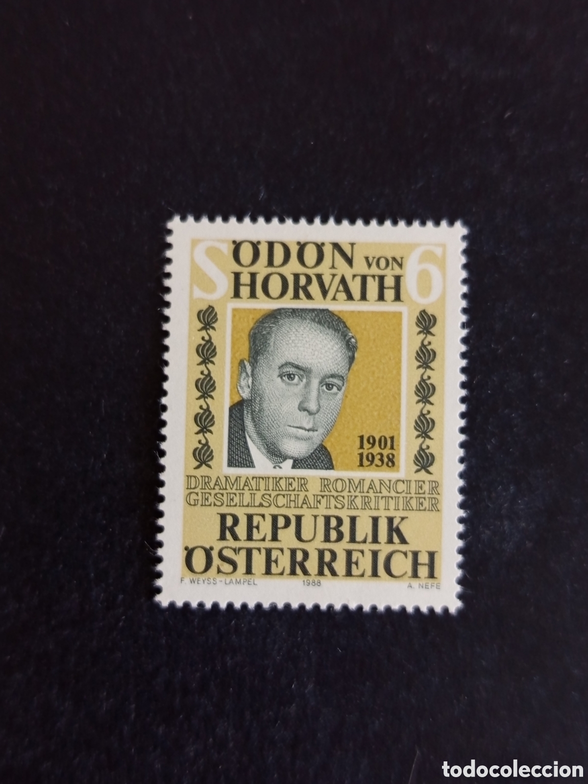 Sellos: AUSTRIA, 1988. Odon von Horwath, escritor y actor. Yvert 1755. Pedido m&iacute;nimo 3 &euro;. Ver fotos.