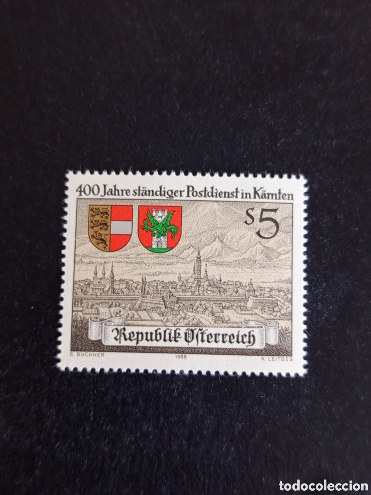 Sellos: AUSTRIA, 1988. El correo en Carintia. Escudo de Armas y vista. Yvert 1760. Pedido m&iacute;nimo 3 &euro;.