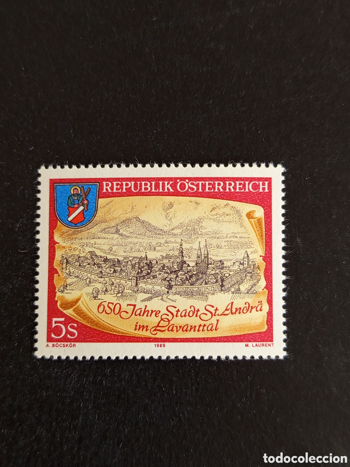 Sellos: AUSTRIA, 1989. Escudo de Armas y vista de St. Andrea im Lavanttal. Yvert 1789. Pedido m&iacute;nimo 3 &euro;.