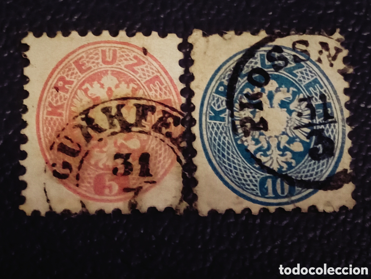 Sellos: Lote 2 Sellos Austria 1863 Usados - Michel 28 y 29 (Escudo Bic&eacute;falo)