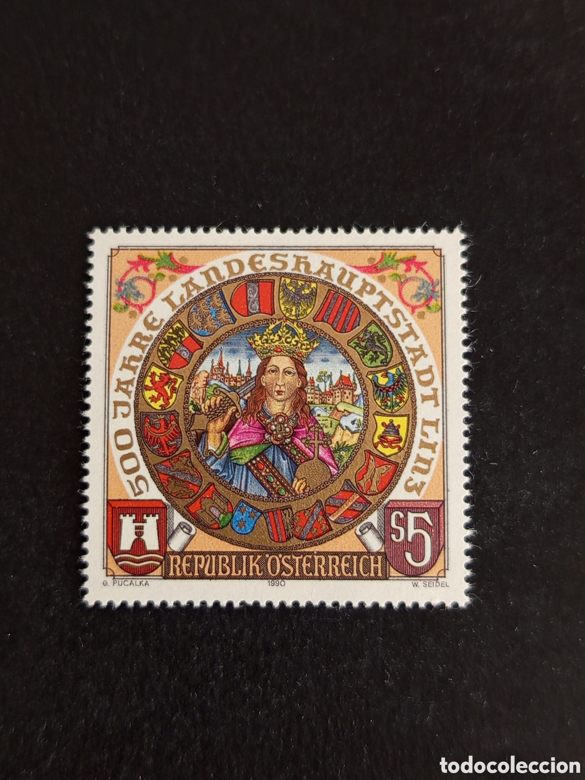 Sellos: AUSTRIA, 1990. Ciudad de Linz. Alegor&iacute;a y Escudo de Armas. Yvert 1812. Pedido m&iacute;nimo 3 &euro;. Ver fotos