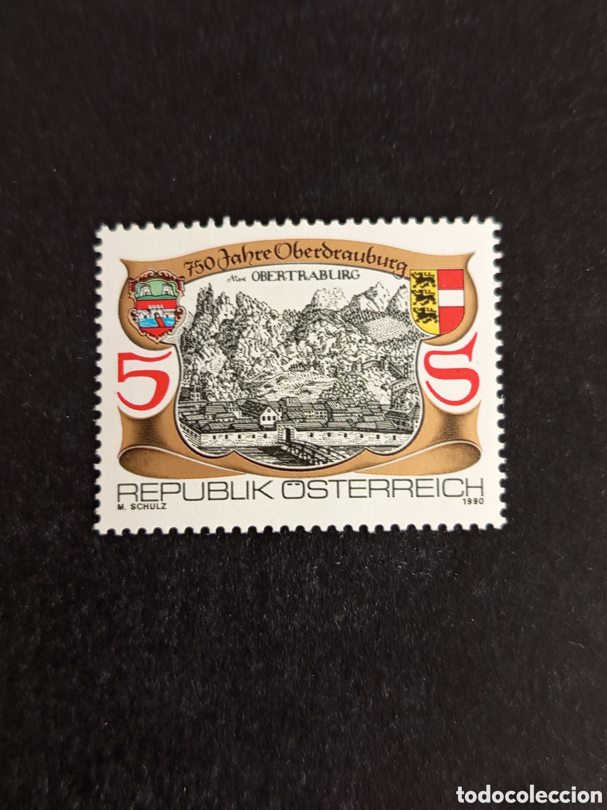 Sellos: AUSTRIA, 1990. Oberdrauburg, mercado municipal (gravado) y Escudo de Armas. Yv1825.Pedido m&iacute;nimo 3&euro;
