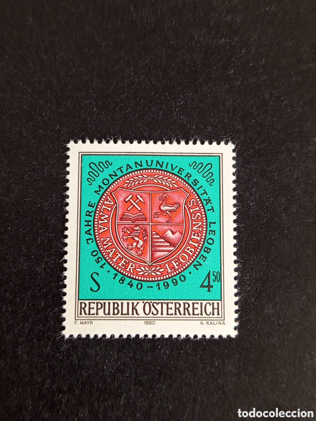 Sellos: AUSTRIA, 1990. Escudo de Armas Universidad de minas de Leoben. Yvert 1836. Pedido m&iacute;nimo 3 &euro;.