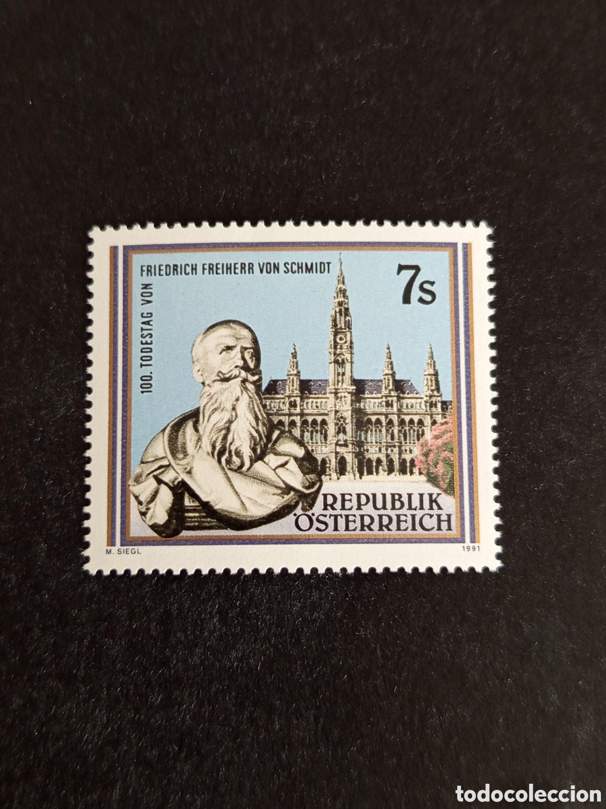 Sellos: AUSTRIA, 1991. Friedrich F. Von Schmidt, arquitecto. Ayuntamiento de Viena. Yvert 1844.