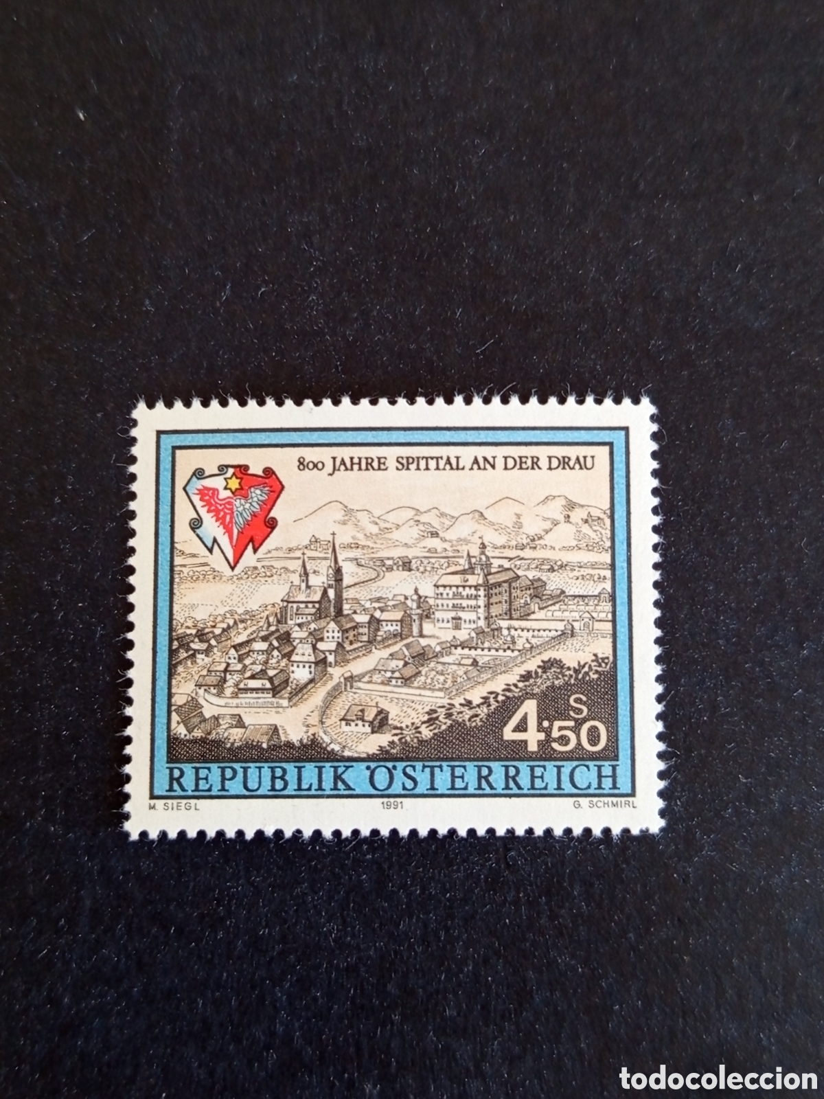 Sellos: AUSTRIA, 1991. Spittal an der Drau. Vista y Escudo de Armas. Yvert 1853. Pedido m&iacute;nimo 3 &euro;.