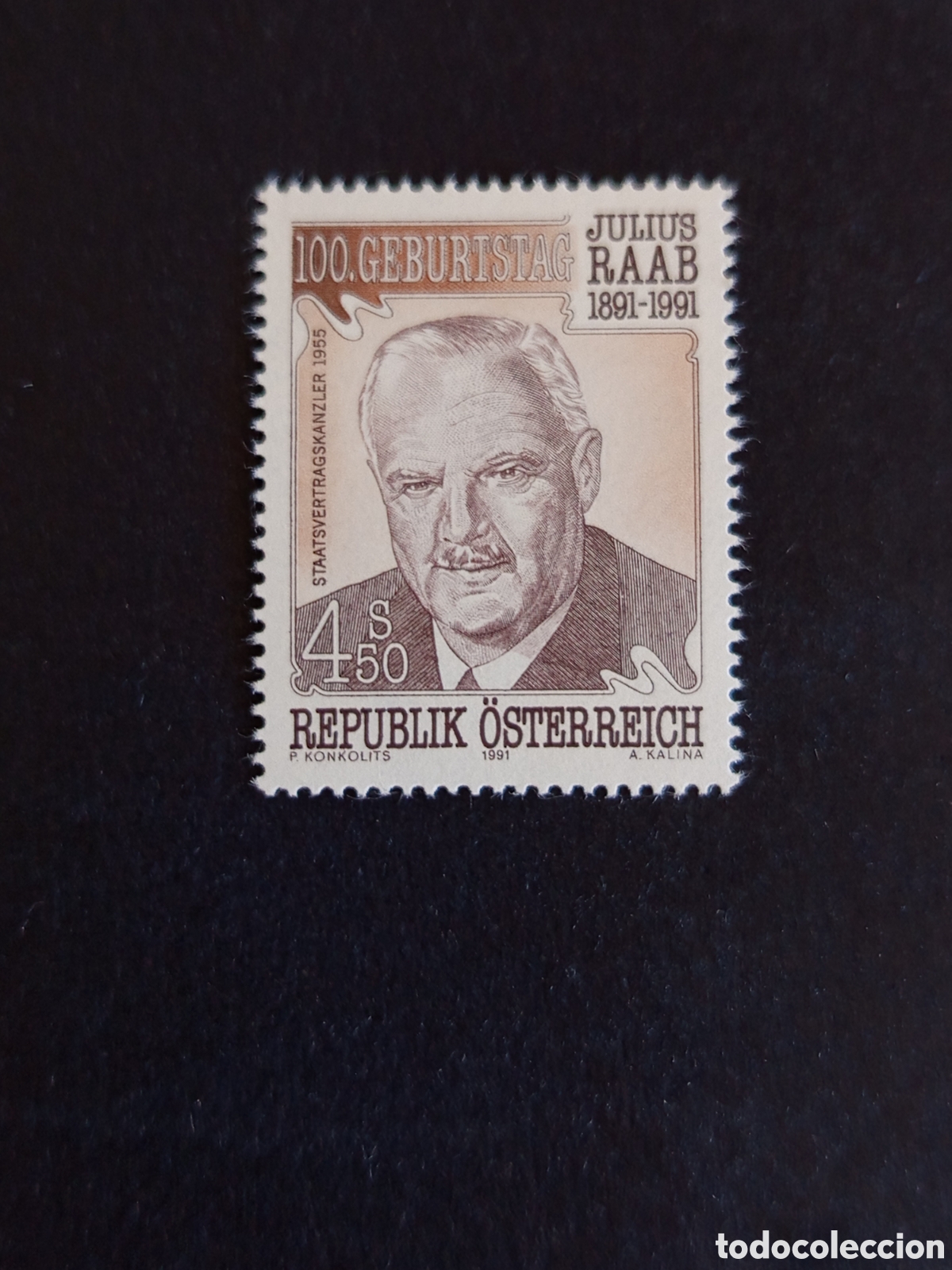 Sellos: AUSTRIA, 1991. Julius Raab, pol&iacute;tico. Yvert 1875. Pedido m&iacute;nimo 3 &euro;. Ver fotos . Sello en nuevo