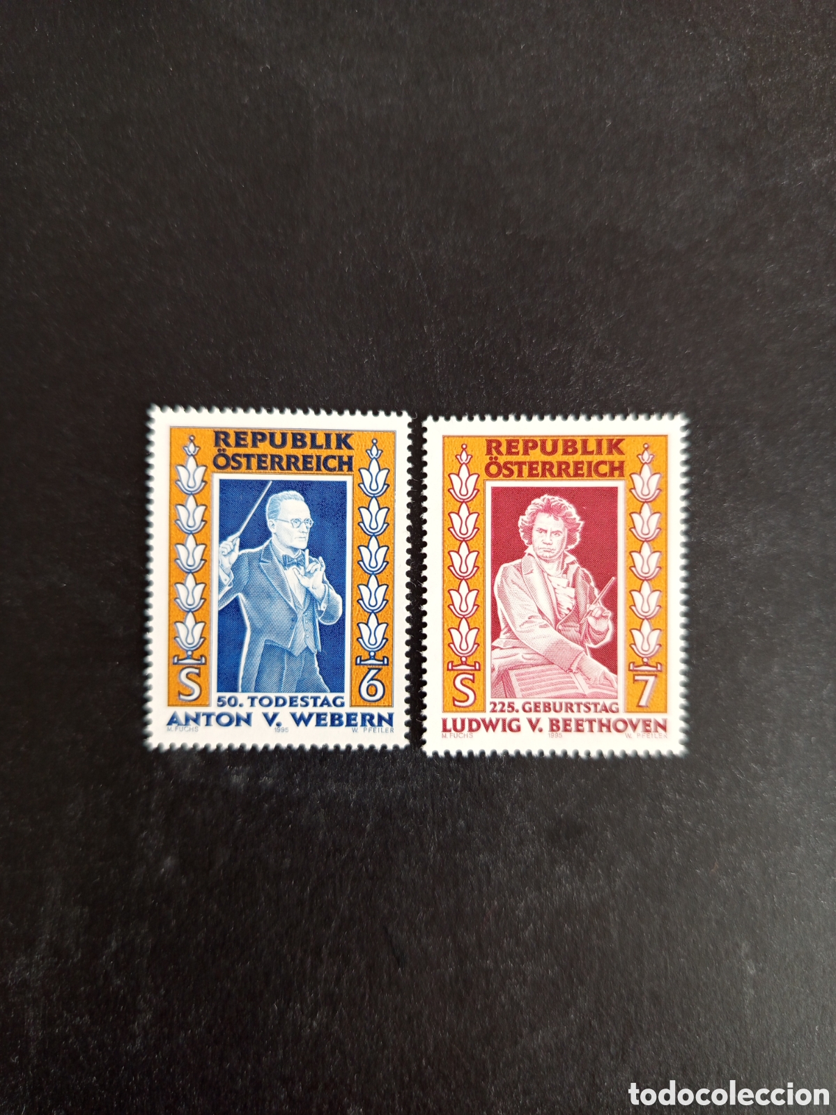 Sellos: AUSTRIA, 1995. Anton von Webern y Ludwing van Beethoven, compositores. Yv 2002/3. Pedido m&iacute;nimo 3 &euro;