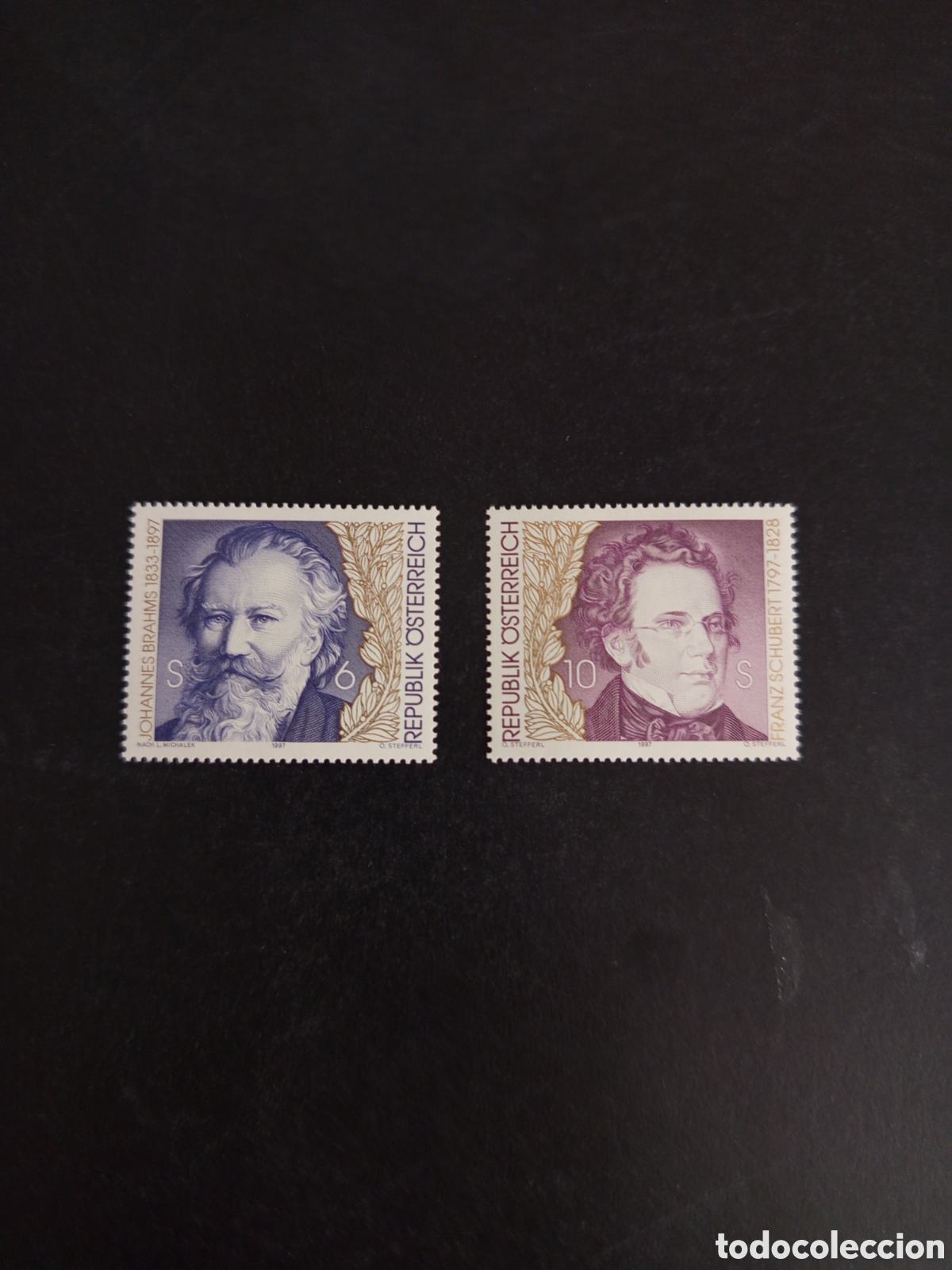Sellos: AUSTRIA, 1997. Johannes Brahms y Franz Schubert. Yvert 2047/8. Pedido m&iacute;nimo 3 &euro;. Ver fotos.