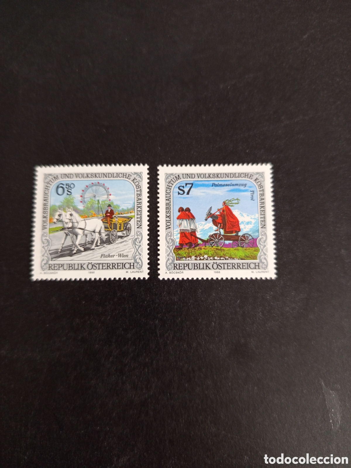 Sellos: AUSTRIA, 1998. Costumbres y folklore. Carro a caballo. Procesi&oacute;n de Palmas. Pedido m&iacute;nimo 3 &euro;.