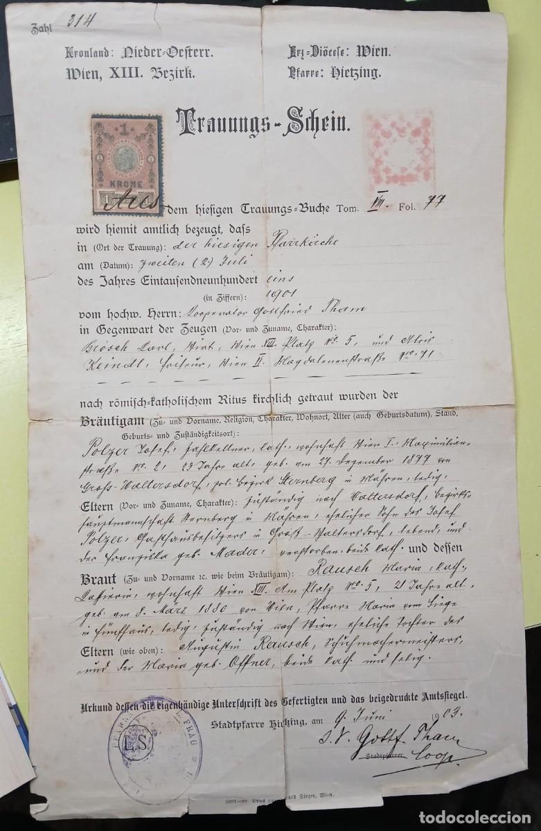 Sellos: Certificado de boda Austria 1901 - Foto 1