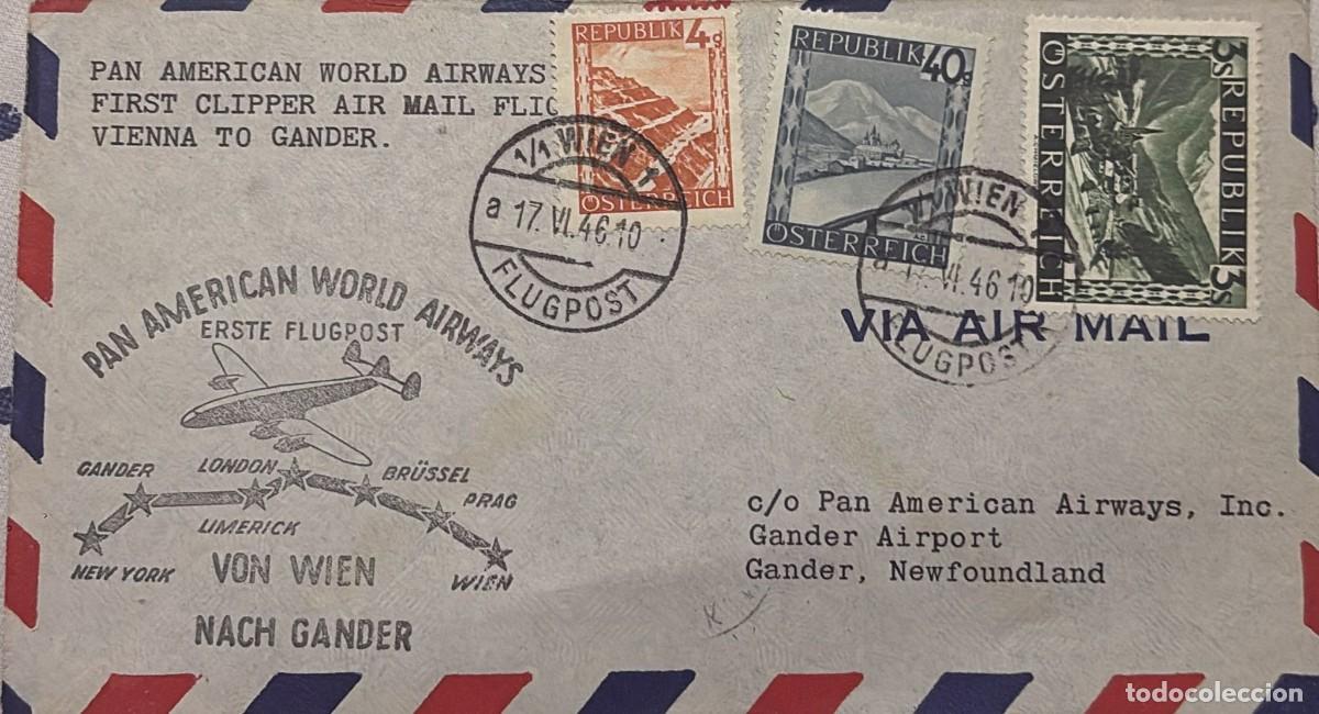 Sellos: O) AUSTRIA, PAN AMERICAN WORLD AIRWAYS, FIRST CLIPPER AIRMAIL, FLIGHT VIENNA TO GANDER, FLUGPOS