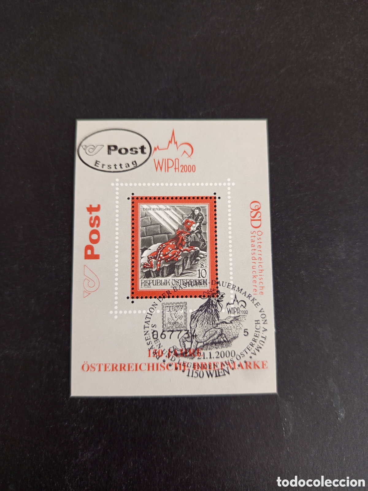 Sellos: AUSTRIA, 2000. WIPA 2000. Hoja bloque con el sello &rdquo;El Basilisco&rdquo;. Matasello de favor.