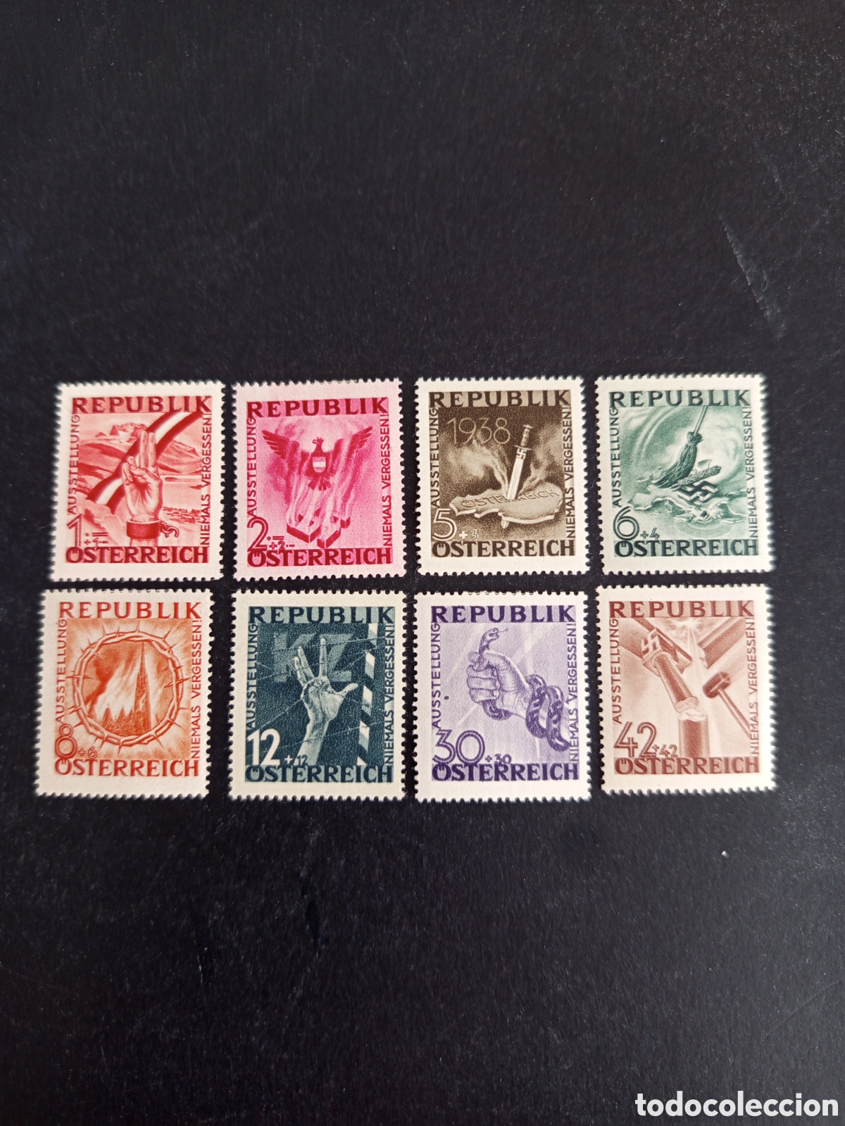 Sellos: AUSTRIA 1946. Exposici&oacute;n &rdquo;No olvidar jam&aacute;s&rdquo;. Yvert 638/45. Pedido m&iacute;nimo 3 &euro;. Ver fotos